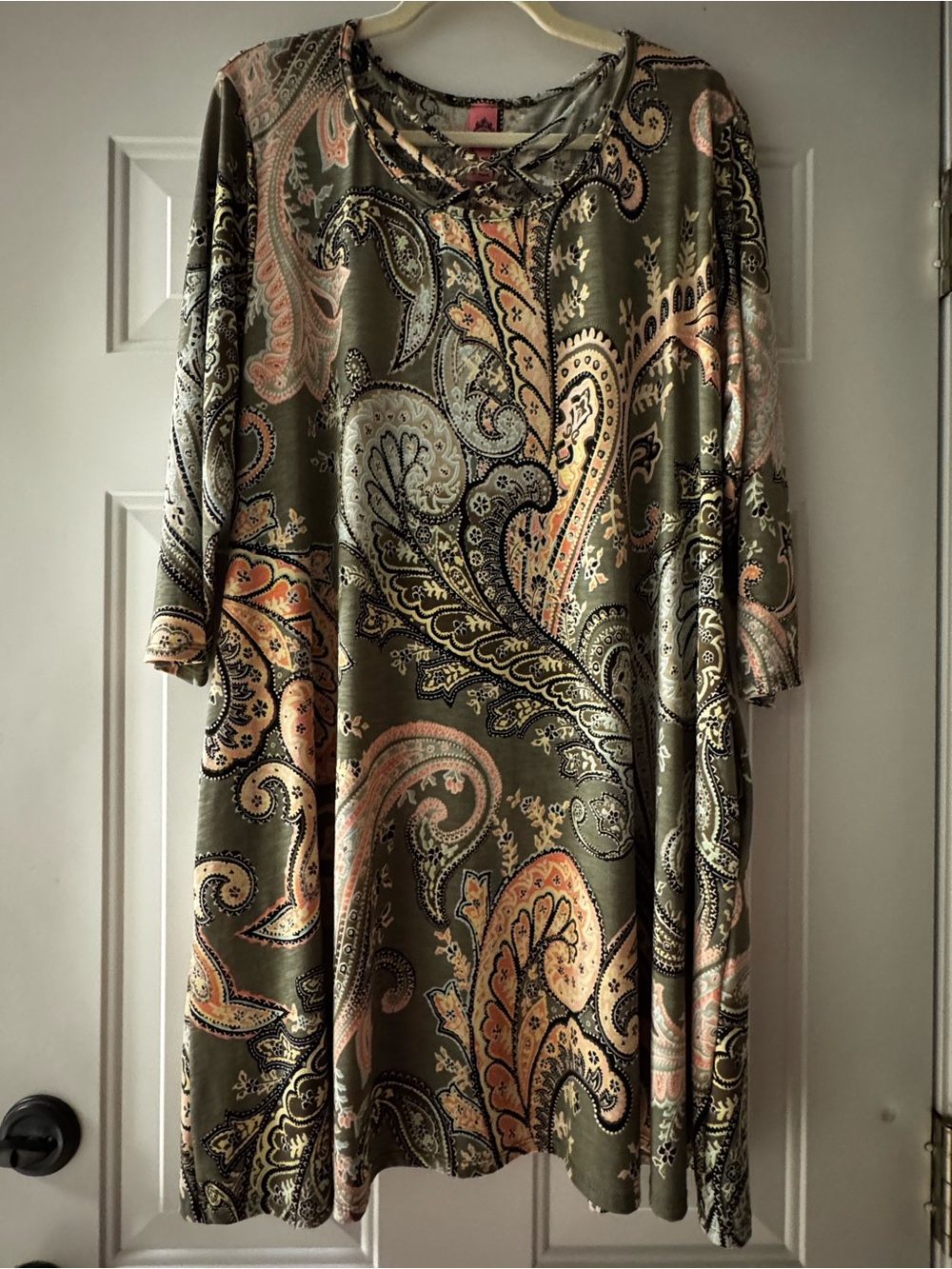 Paisley Print Tunic Dress w/ Crisscross Neckline & Pockets